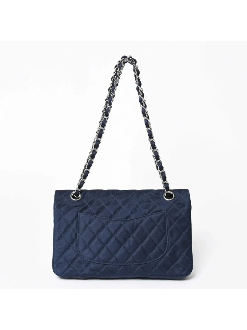 Chanel Quilted 25 Double Flap Chain Shoulder Bag CC Logo Satin Sequin Navy